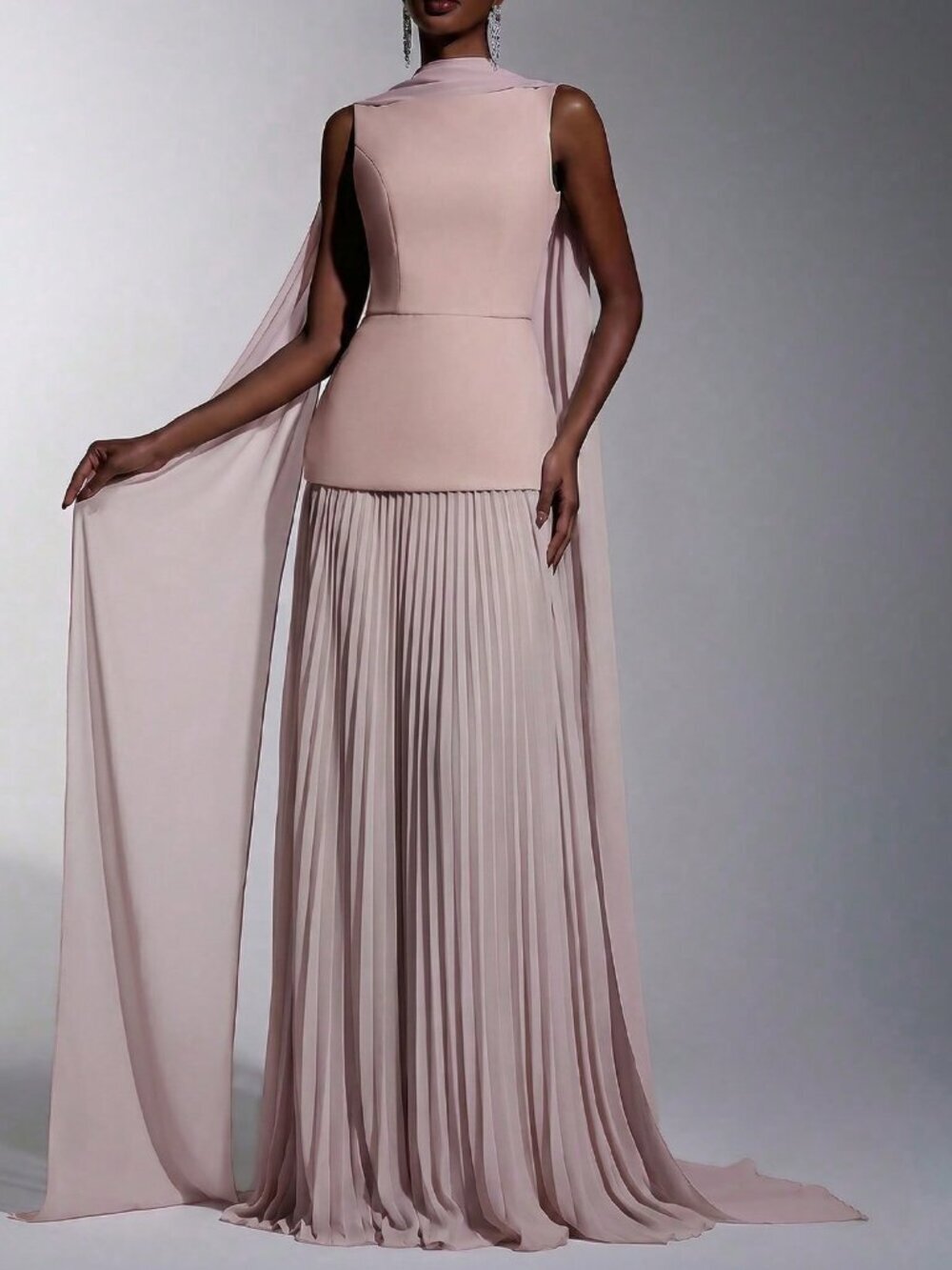 Dusty Pink Elegant Women's Boat Neck Chiffon A-Line maxi Dress
